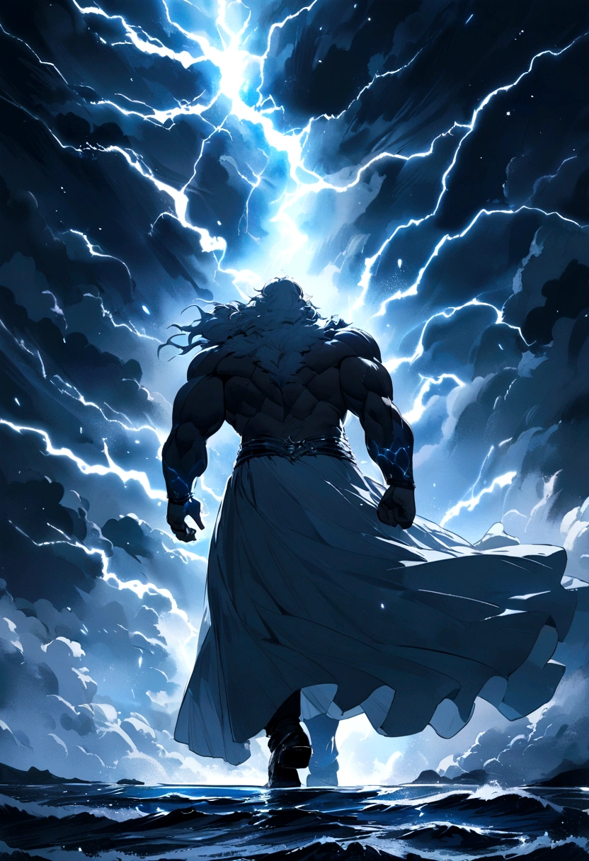 Zeus walking the seas in a lightning storm