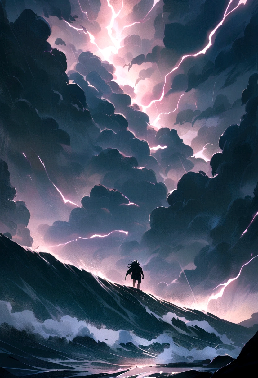 Zeus walking the seas in a lightning storm