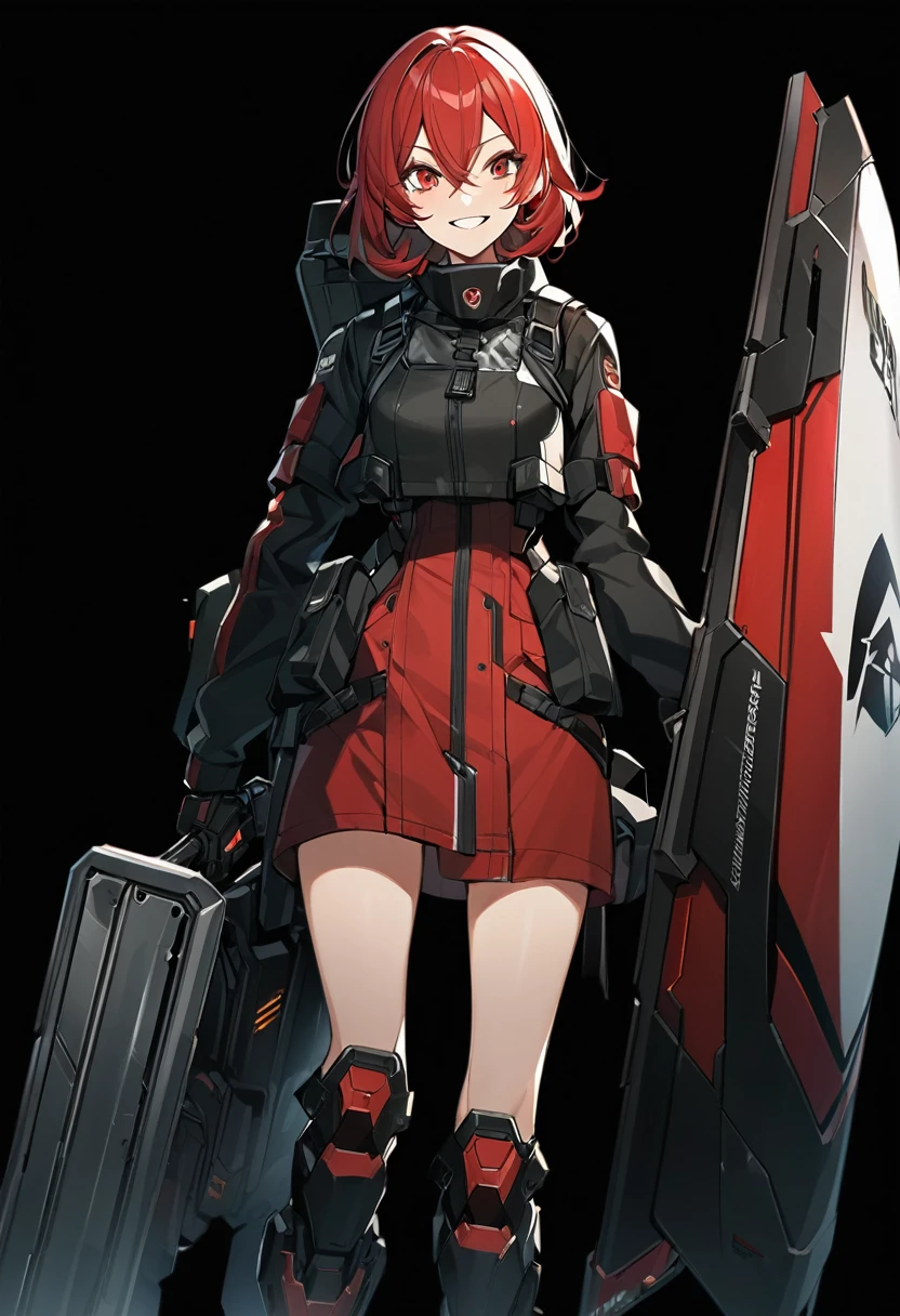 Anime-style woman in black and red outfit holding large shield, Cyberpunk Anime Girl Mecha, Wearing technical clothing, Amazing anime 8k, From Girls Frontline, Mechanized Soldier Girl, Special Assault Team, special forces, M4 Sopmod II Girls Frontline, Official character art, Kashert Kenz, Kshat Garland, ((short length red hair)), innocent, (cute), smiling, ((black background)), ((simple background)), ((holding super large shield)), ((Shield as tall as the owner's height)), ((small chest)), ((black long botoms)), , ((Kindness)), ((gentleness)), cheerful, grin,