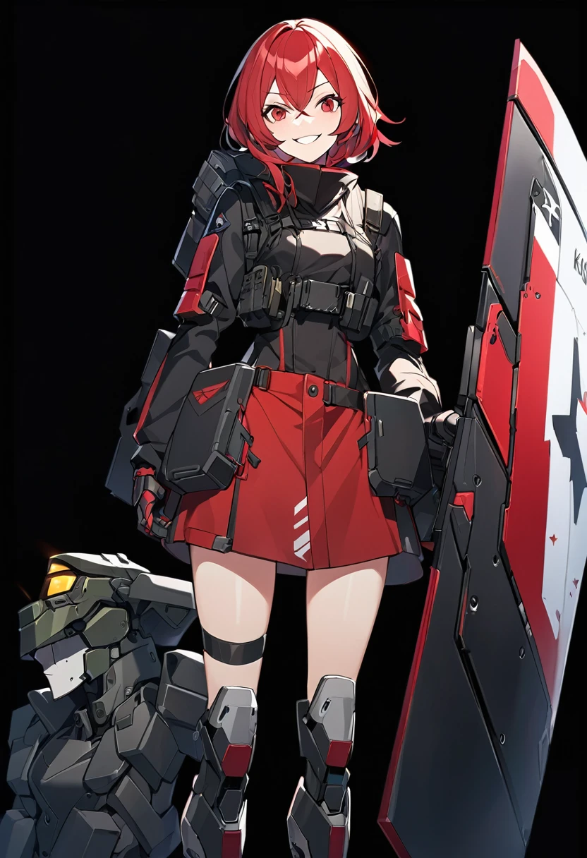 Anime-style woman in black and red outfit holding large shield, Cyberpunk Anime Girl Mecha, Wearing technical clothing, Amazing anime 8k, From Girls Frontline, Mechanized Soldier Girl, Special Assault Team, special forces, M4 Sopmod II Girls Frontline, Official character art, Kashert Kenz, Kshat Garland, ((short length red hair)), innocent, (cute), smiling, ((black background)), ((simple background)), ((holding super large shield)), ((Shield as tall as the owner's height)), ((small chest)), ((black long botoms)), , ((Kindness)), ((gentleness)), cheerful, grin,