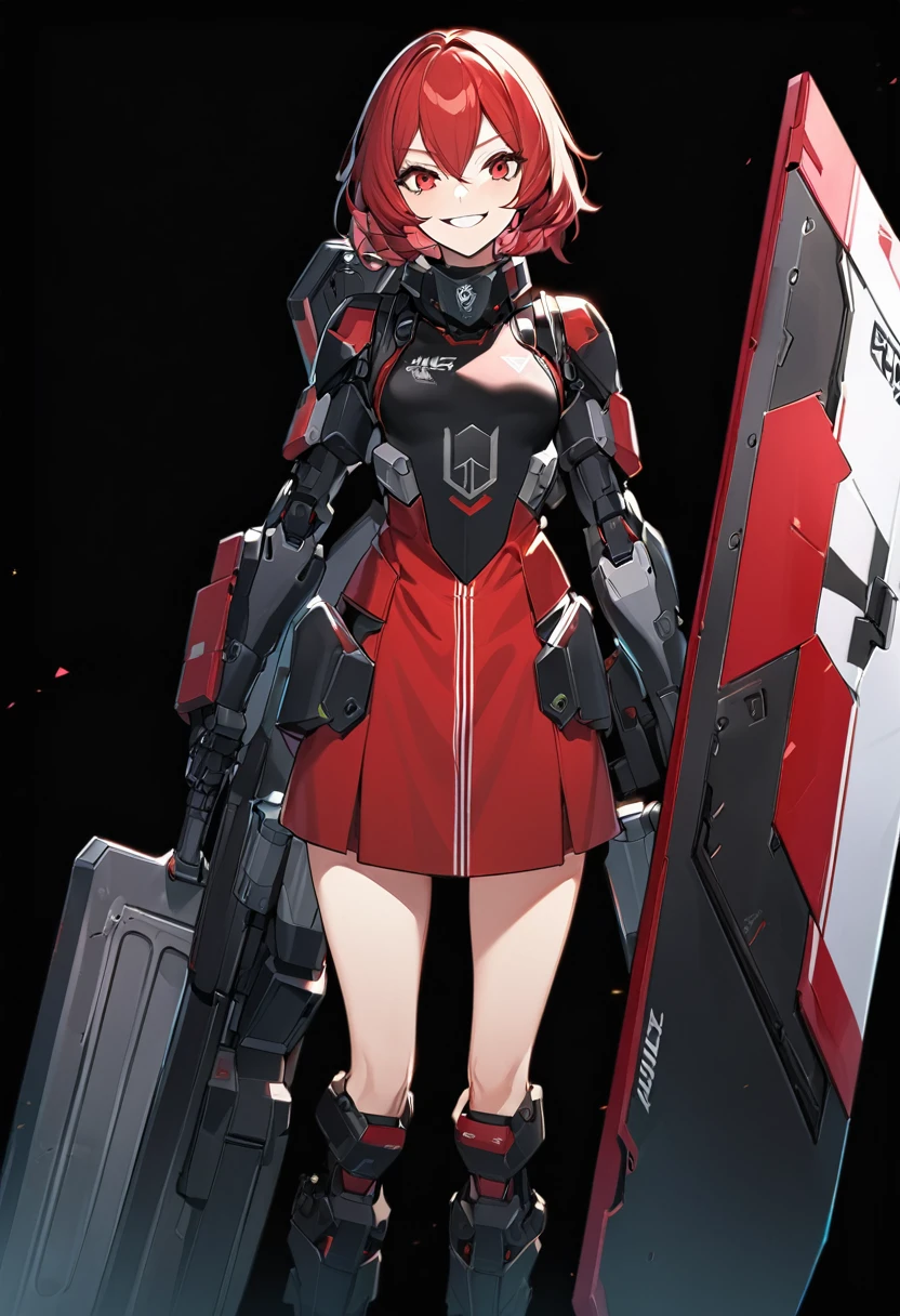 Anime-style woman in black and red outfit holding large shield, Cyberpunk Anime Girl Mecha, Wearing technical clothing, Amazing anime 8k, From Girls Frontline, Mechanized Soldier Girl, Special Assault Team, special forces, M4 Sopmod II Girls Frontline, Official character art, Kashert Kenz, Kshat Garland, ((short length red hair)), innocent, (cute), smiling, ((black background)), ((simple background)), ((holding super large shield)), ((Shield as tall as the owner's height)), ((small chest)), ((black long botoms)), , ((Kindness)), ((gentleness)), cheerful, grin,