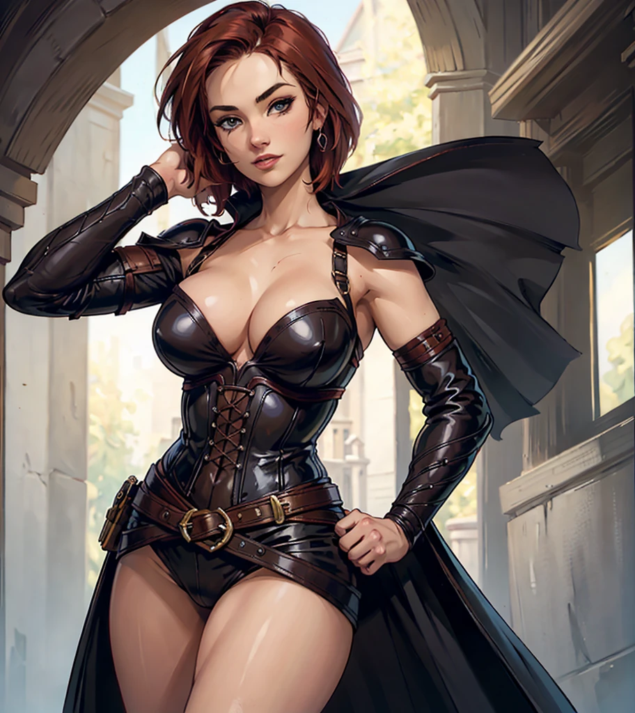 (((Solo character image.))) (((Generate a single character image.)))  (((Dressed in medieval fantasy attire.))) (((Very  faciression.))) (((She is considered very sexually attractive.))) (((She has a legendary beauty and sex appeal.))) Create a captivating and enigmatic female warrior reminiscent of beautiful and confident female adventurers. This character is renowned for her remarkable strength and beauty. She exudes an air of elegance and mystery. The art style should draw inspiration from J Scott Campbell's work.Imagine a thrilling female adventurer in a high-fantasy setting, akin to a swashbuckler. We need a single character portrait with intricate details, wearing fantasy attire. She should be adorned in leather armor and a tight corset, exuding a shadowy and athletic demeanor.