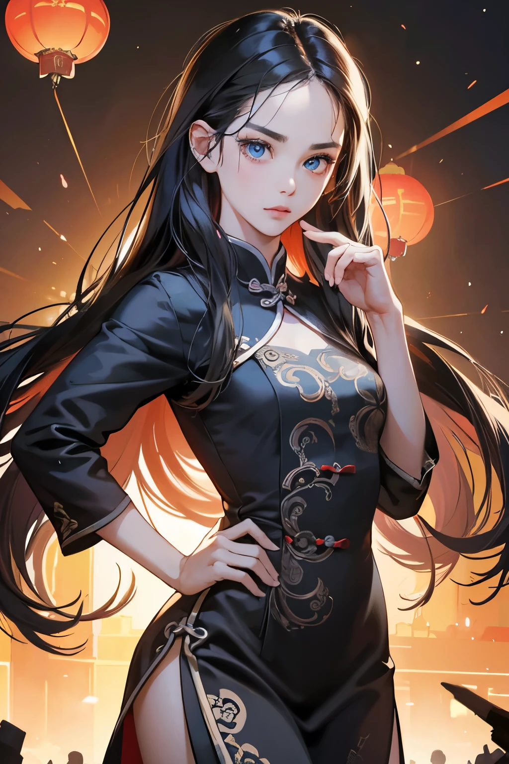 (Tabletop, Digital Art, Digital Illustration, 4K, 8K, Very detailed, Beautiful images, Clear images, Realistic, RAW Photos, Perfect Face, Perfect Lines, Perfect Eyes, Big eyes、Soft lighting) ,masterpiece, best quality, 1 girl, 独奏, small breasts, extra long hair, black hair, blue eyes, black china dress, standing, (Beijing:1.2) , forehead , china town , we have , big eyes , glaring ,