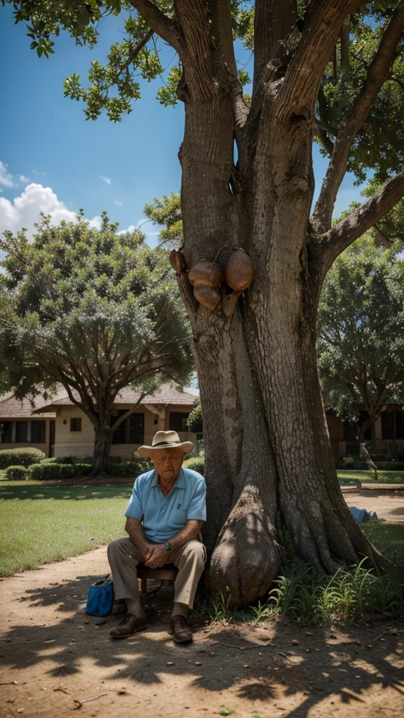 a wise old man sat under a shady tree, observing the world around him, the old man noticed a tiny ant carrying a massive acorn on its back, an acorn that was bigger than the ant itself. 4k realistic imagery, blue scenery like a movie scene, old american setting, inspired by blade runner movie scene, blue tone,