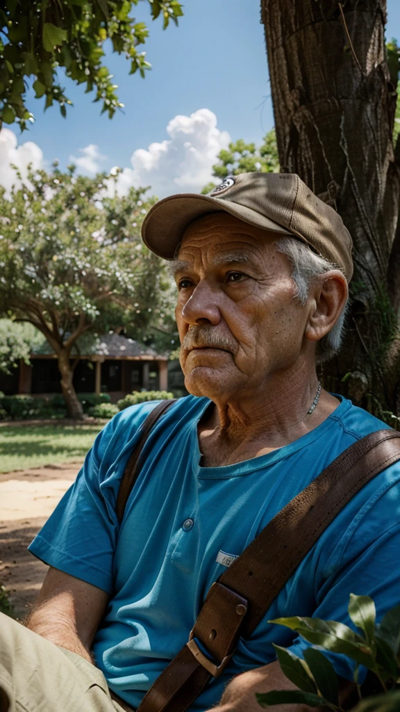 a wise old man sat under a shady tree, observing the world around him, the old man noticed a tiny ant carrying a massive acorn on its back, an acorn that was bigger than the ant itself. 4k realistic imagery, blue scenery like a movie scene, old american setting, inspired by blade runner movie scene, blue tone,