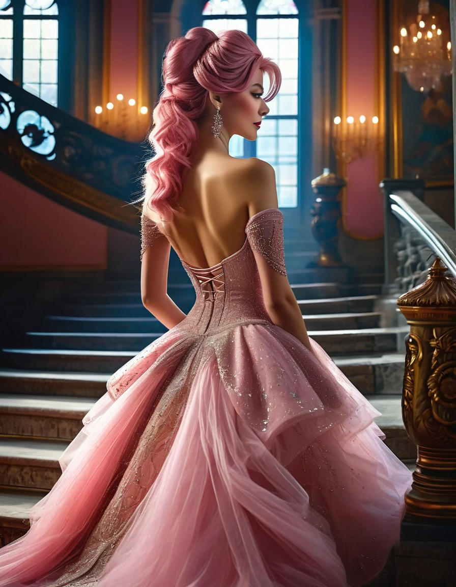 ((masterpiece, Highest quality, Best image quality, High resolution, Realistic, RAW Photos, 8K)), Woman in evening dress, (Long pink hairhair tied back, Jeweled wig, Long gloves, Glass Slipper, Bare shoulders, Bare back), Looking back from halfway up the wide staircase leading to the castle, Look down,
