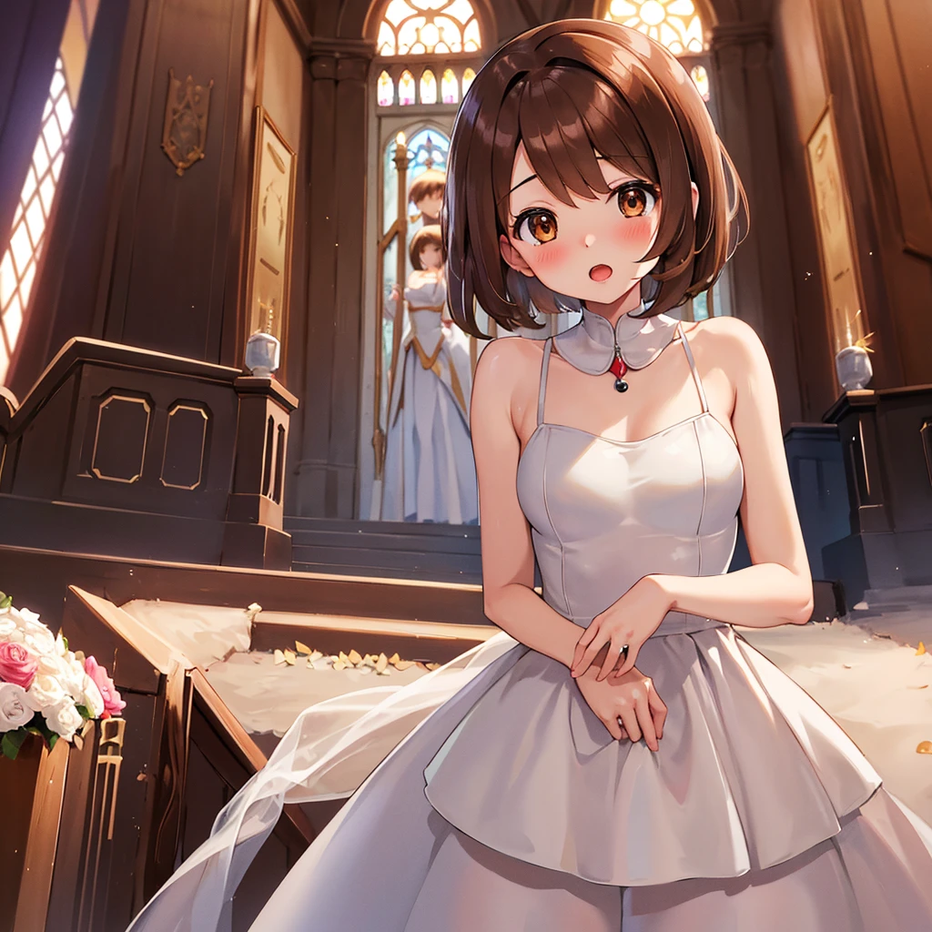 masterpiece, Highest quality, High resolution, Gloria1, 1 Girl, Gloria\(Pokémon\), Brown Hair, , Brown Eyes, , Short Hair, , Bobcut, bangs, , 　１Describe a girl carefully　１Girl　Expression in love　blush　Open Mouth　blush　church　Wedding dress（mini skirt）　breast enhancement