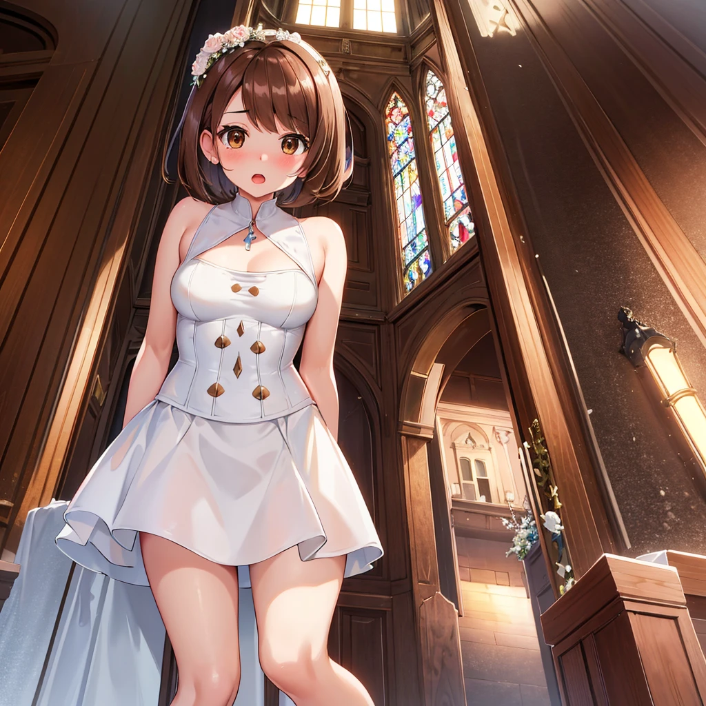 masterpiece, Highest quality, High resolution, Gloria1, 1 Girl, Gloria\(Pokémon\), Brown Hair, , Brown Eyes, , Short Hair, , Bobcut, bangs, , 　１Describe a girl carefully　１Girl　Expression in love　blush　Open Mouth　blush　church　Wedding dress（mini skirt）　breast enhancement