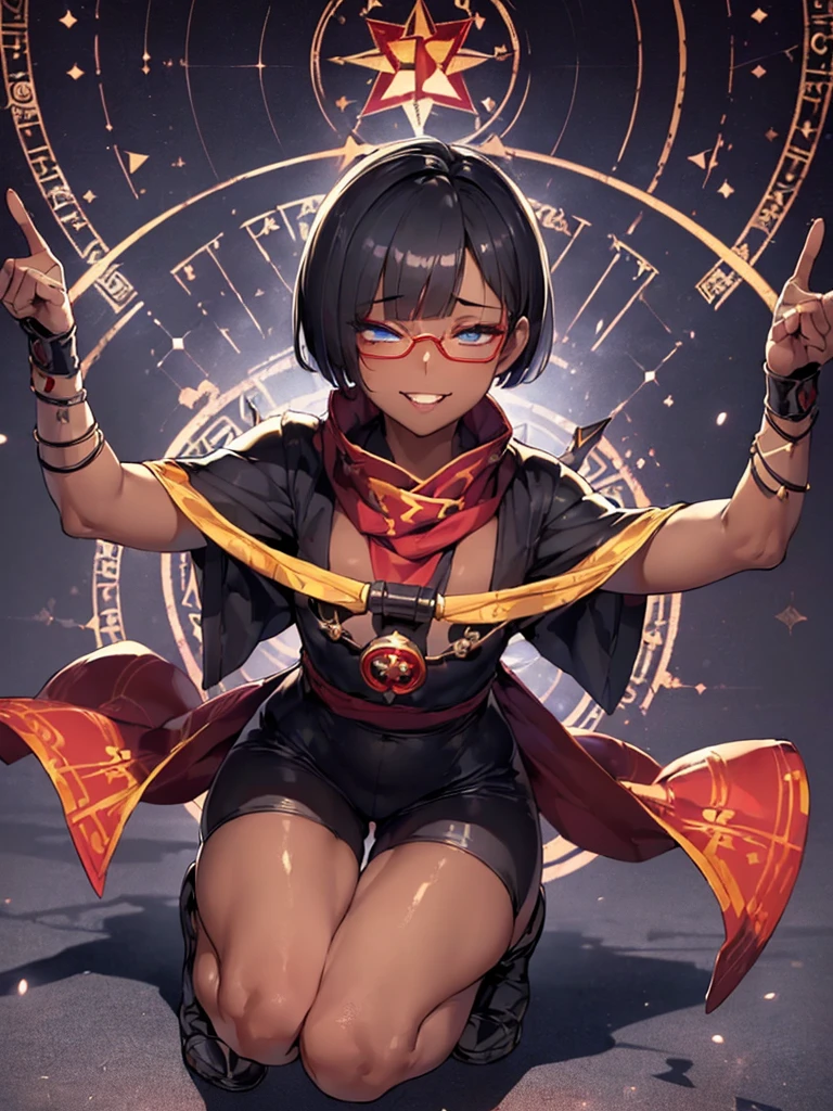 (flat chest), (masterpiece:1.2), highest quality, High resolution, unity 8k wallpaper, (fine and beautiful eyes:1.6), highly detailed face, perfect lighting, Detailed CG, (perfect hands, perfect anatomy), (1 boy solo:1.4), 20 years old, black hair, extremely beautiful detailfeminine face and eyes, (evil smile:1.4), detailed eyes, best quality,( dark skin:1.8), (turtleneck shirt under yukata:1.2), (bike shorts:1.2), extremely detailed, very precise detailed, (glasses:1.3), blunt bangs, open mouth, (very short pixie cut:1.2), boots,fingerless gloves, smile, (half closed eyes:1.5) ,(squat in magic circle on ground:1.1) ,night sky,long sidelocks,(long red Scarf),(yukata),(squatting),(acrobat pose:1.3),(squat:1.3),(one knee dwon:1.5),(Put one foot in front:1.3),(stylish pose:1.4),(Raise only index finger:1.1),(spread arms:1.5), (1990s \(style\)),(in magic circle on ground only:1.3),(from above:1.2),(open magic scroll by both hands:1.9),(have magic scroll:1.3)
