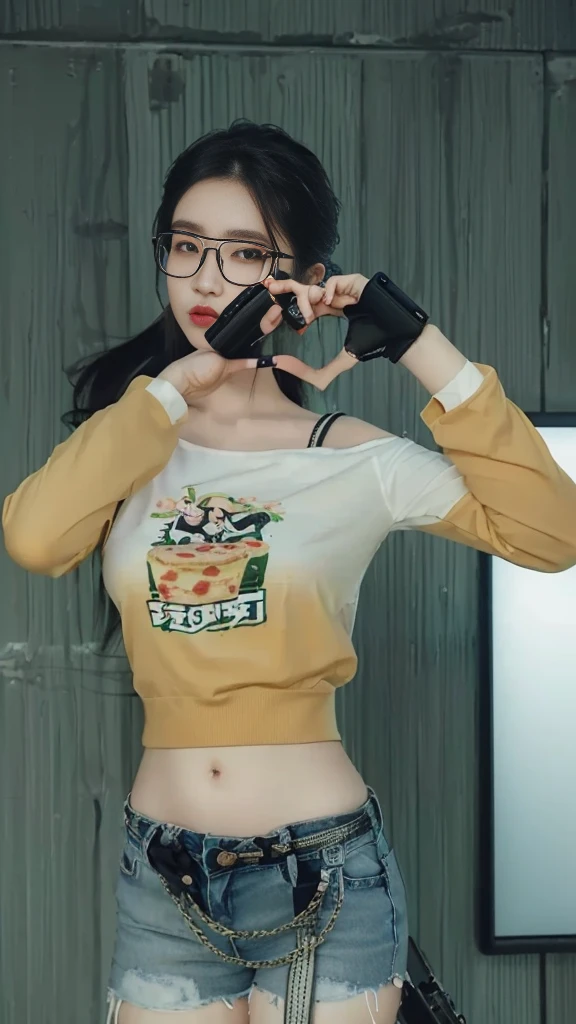 there is a woman with glasses holding a gun and a cake, kawaii shirt and jeans, upper body avatar, inspired by Sim Sa-jeong, heavy gesture style closeup, detailed upper body, tranding on pxiv, highly detailed upper body, top half of body, y 2 k cutecore clowncore, 🥥 🍕 hybrid, upper body visible