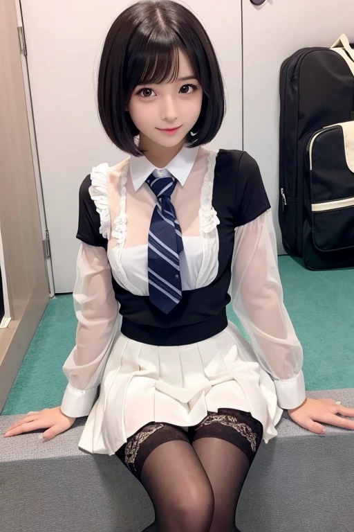 Cute Girls､Idol､high school girl､Bob Hair､See-through､stockings､sit