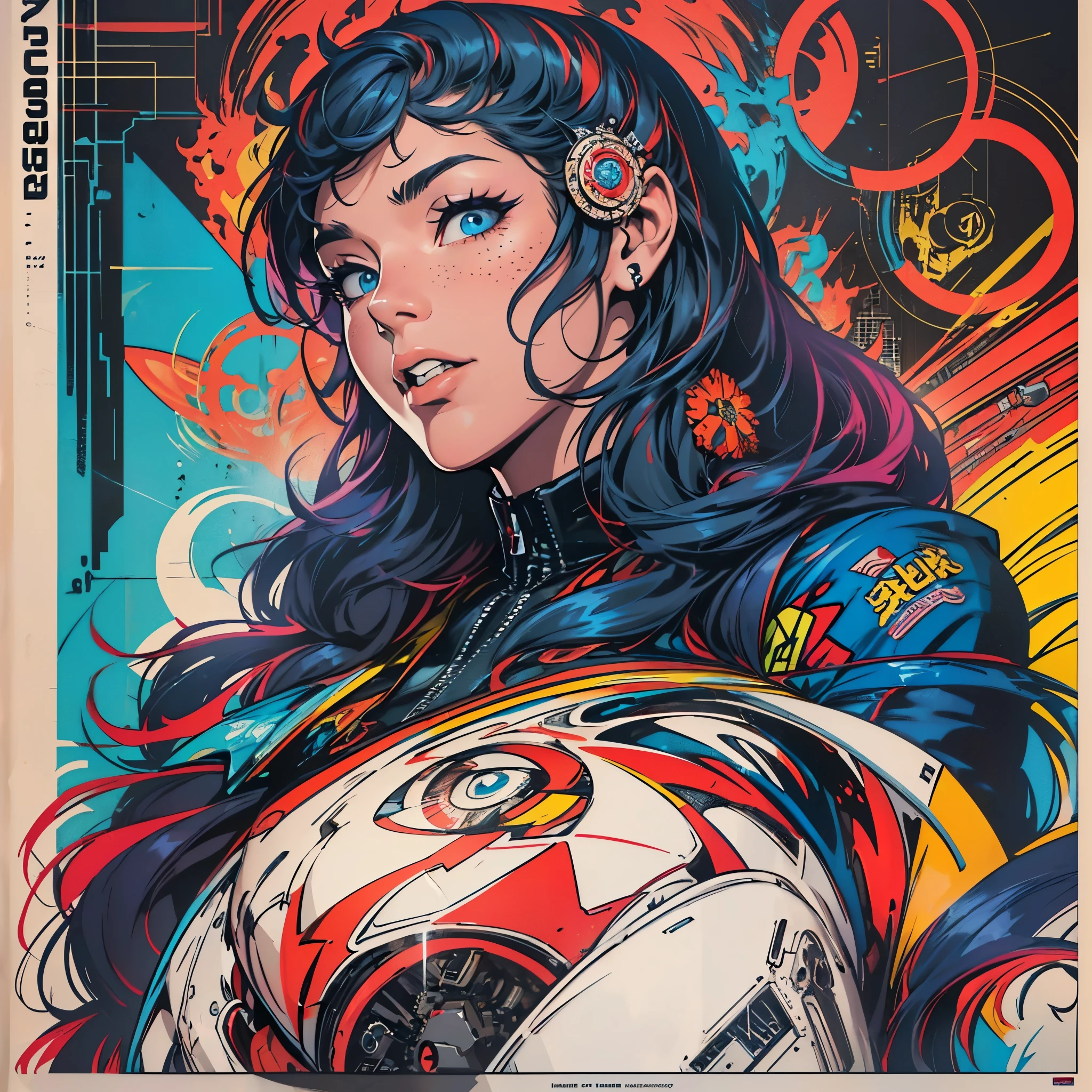 (((ultimate best quality))),(((solo:1.2))),(((1girl:1.2))),((((beautiful perfect woman)))),(((detailed perfect body, detailed perfect finger))),((((((ultimate movie poster)))))),(((bust up, close up))),((((detailed complicated machine)))),(((((genius mechanical))))),(((American comics))),(((extreme highlights))),(((Extremely colorful, primary colors))),cleavage, super beautiful lady,(((typography))),text