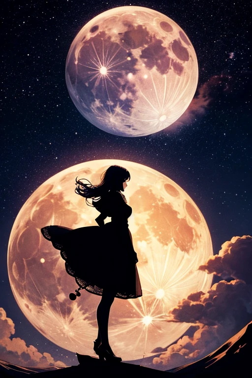 Highest quality,Big moon and shadow,A silhouette of a person can be seen against the backdrop of a large moon.,There is one full moon,There is a mood,Beautiful scenery,Starry Sky