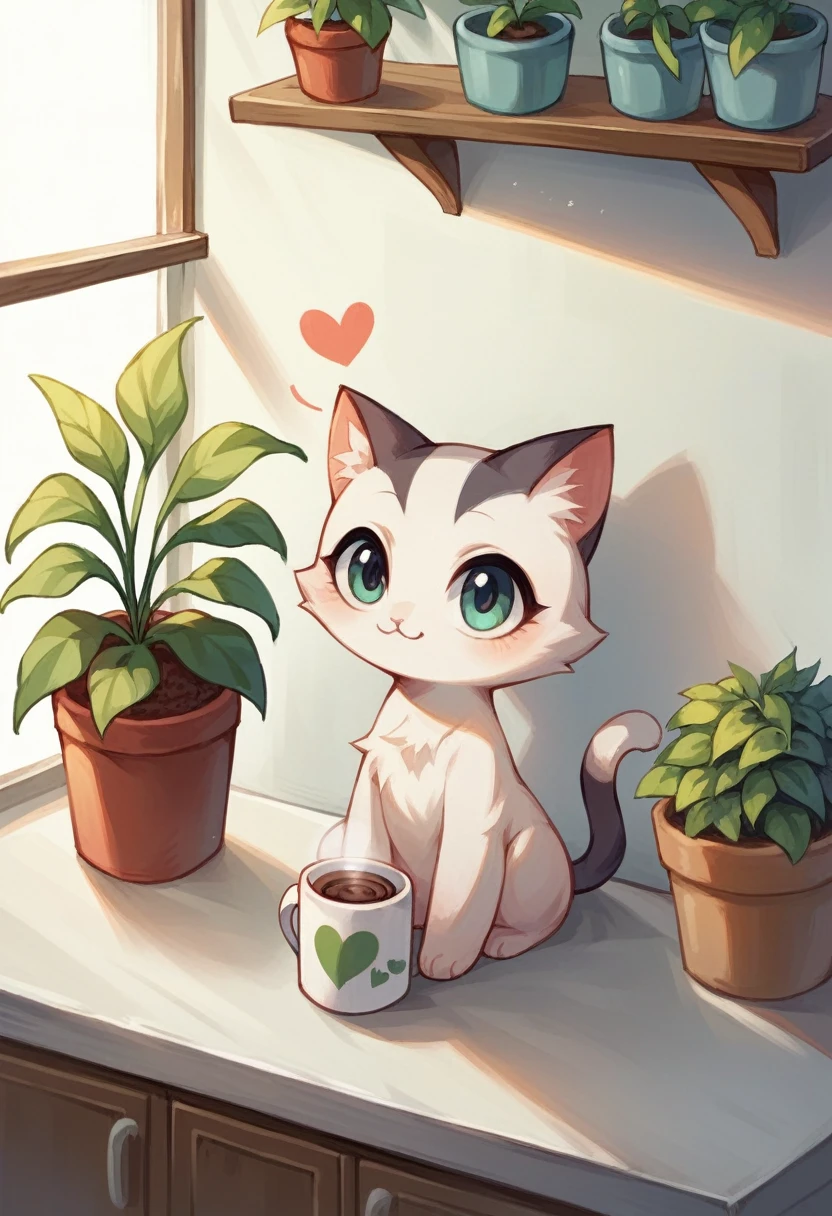 SD Main, Flat Illustration,
masterpiece, Highest quality,cute cat,Girl, plant, heart, potted plant, White Background, coffee mug, Sitting, alone, kitchen,アイランドkitchen,Making sweets,I'm cooking