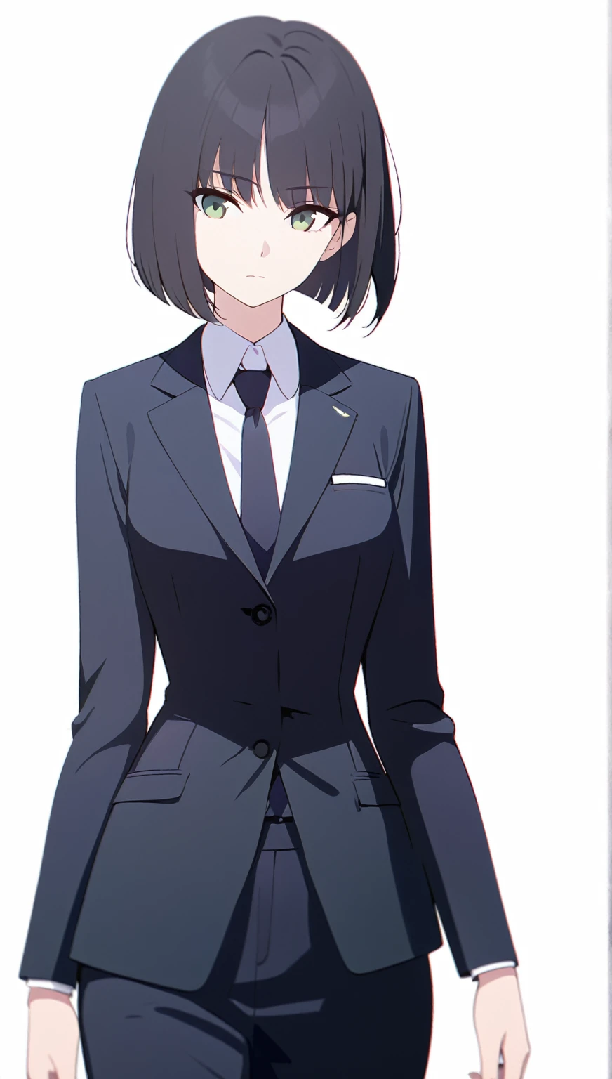 (masterpiece, high quality, best quality, highres,) One Woman, young, black hair, bob cut, Green Eyes, Athletic build, expressionless, closed mouth, office staff suit, Simple white background, standing, cowboy shot, from the front