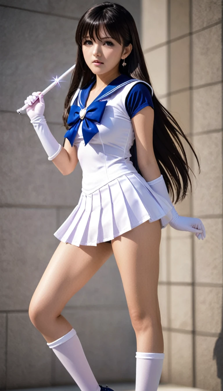 (best quality, high quality, realistic, photo realistic),1girl, sailor senshi unifoem, {{magical gloves, magical boots}}, bow, brooch,pleated miniskirt, magical girl, earrings, long hair, nsfw, latex, large_breasts, korean idol, holding wand, wand, wand effect,agic effect, standing, crossed legs, dakimakura, idol, akb48