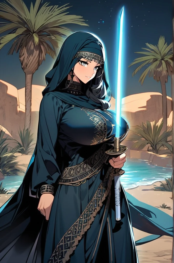 Arab woman, large breasts, muscular, dressed in burqa, holding an Arab saber,Deserts background with night oasis