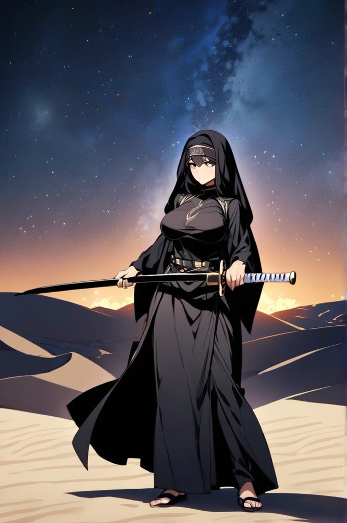 Arab woman, large breasts, muscular, dressed in burqa, holding an Arab saber,Deserts background with night oasis