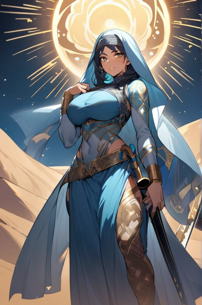 Arab woman, large breasts, muscular, dressed in burqa, holding an Arab saber,Deserts background with night oasis 