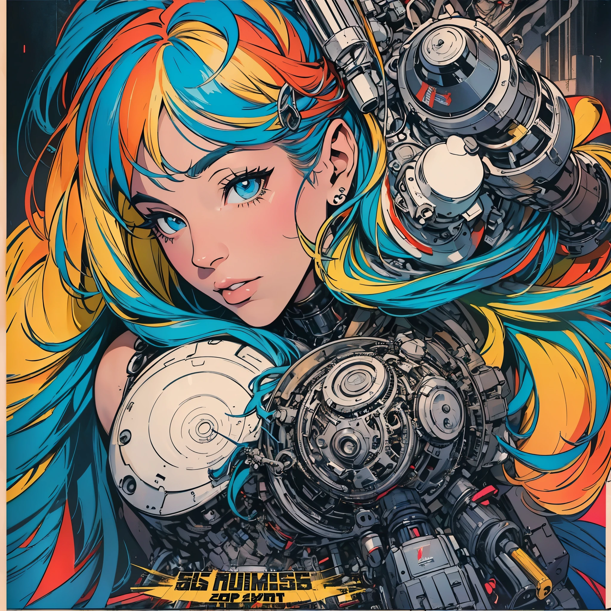 (((ultimate best quality))),(((solo:1.2))),(((1girl:1.2))),((((beautiful perfect woman)))),(((detailed perfect body, detailed perfect finger))),((((((ultimate movie poster)))))),(((bust up, close up))),((((detailed complicated machine)))),(((((genius mechanical))))),(((American comics))),(((extreme highlights))),(((Extremely colorful, primary colors))),cleavage, super beautiful lady,(((typography))),text