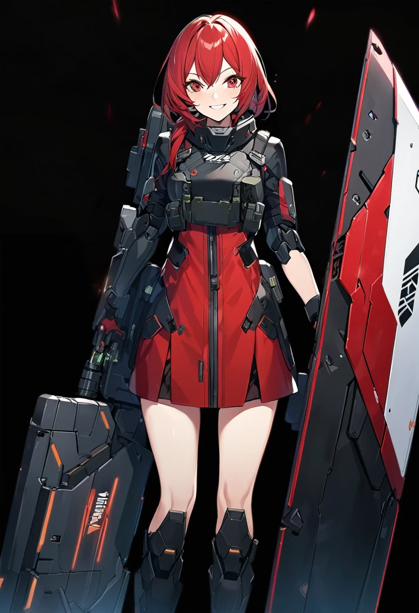 Anime-style woman in black and red outfit holding large shield, Cyberpunk Anime Girl Mecha, Wearing technical clothing, Amazing anime 8k, From Girls Frontline, Mechanized Soldier Girl, Special Assault Team, special forces, M4 Sopmod II Girls Frontline, Official character art, Kashert Kenz, Kshat Garland, ((short length red hair)), innocent, (cute), smiling, ((black background)), ((simple background)), ((holding super large shield)), ((Shield as tall as the owner's height)), ((small chest)), ((black long botoms)), , ((Kindness)), ((gentleness)), cheerful