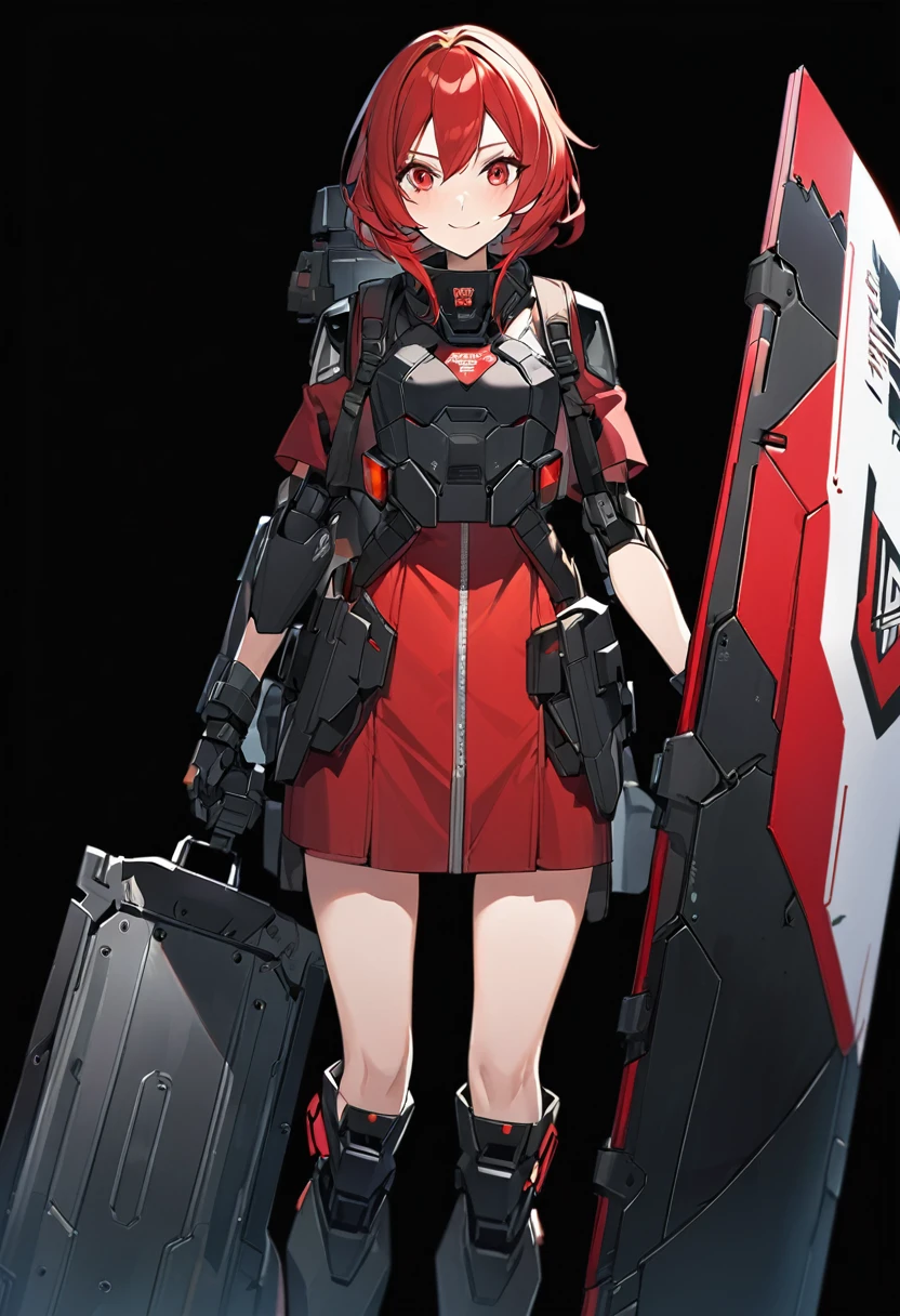 Anime-style woman in black and red outfit holding large shield, Cyberpunk Anime Girl Mecha, Wearing technical clothing, Amazing anime 8k, From Girls Frontline, Mechanized Soldier Girl, Special Assault Team, special forces, M4 Sopmod II Girls Frontline, Official character art, Kashert Kenz, Kshat Garland, ((short length red hair)), innocent, (cute), smiling, ((black background)), ((simple background)), ((holding super large shield)), ((Shield as tall as the owner's height)), ((small chest)), ((black long botoms)), , ((Kindness)), ((gentleness)), cheerful