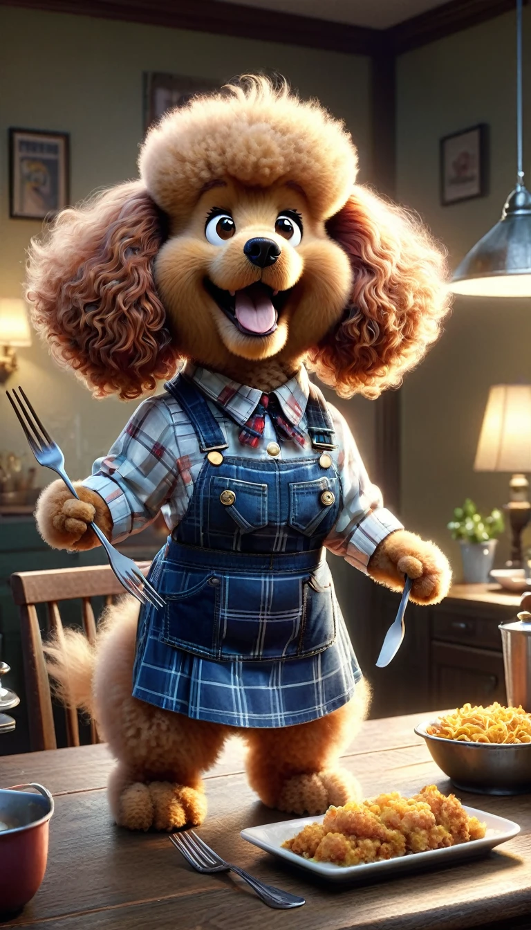 two anthropomorphic poodle resembling Garfield the cartoon poodle wearing dress are depicted. The larger poodle, wearing a plaid shirt, appears angry and is shouting while holding a fork with food on the table. The smaller poodle, dressed in overalls and a cap, looks distressed and is crying. The setting suggests a domestic environment with a cozy, dimly lit atmosphere, featuring a warm light fixture hanging above the table.", with garfield the cartoon poodle, animated film, movie still of a snarling, still from a live action movie, animated movie scene, 3 d animated movie, animated movie, garfield, zootopia 2, angry poodle, still from a pixar movie