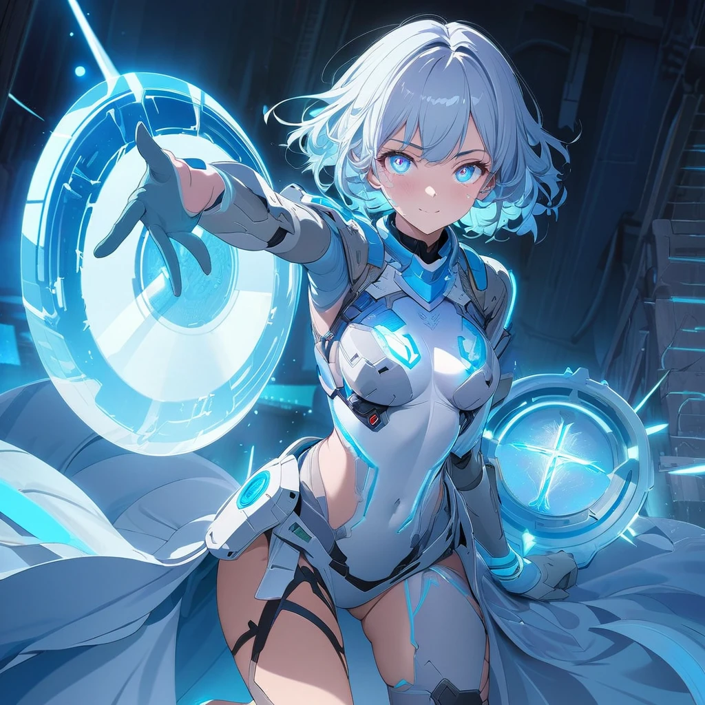 an image of a gentle girl with short, silvery-blue hair, wearing a futuristic, battle-ready outfit with glowing blue elements. She has a kind expression on her face, characterized by soft, warm eyes and a gentle smile with relaxed features. She is generating a large, translucent energy shield that shimmers with blue light, protecting herself and an area around her. The girl should be in a dynamic yet gentle pose, with one hand outstretched towards the viewer as if she's directing the shield and the other hand resting gently by her side. Her stance is strong yet relaxed, with one leg slightly bent. The background is dark and dramatic, with hints of blue light and energy waves illuminating their figures. The shield should have intricate, glowing patterns, enhancing the sense of her power and gentle control, (nude:0.8), detailed gorgeous face| anime style| key visual| intricate detail| highly detailed| breathtaking| vibrant| panoramic| cinematic| Carne Griffiths| Conrad Roset| gibbli 8k