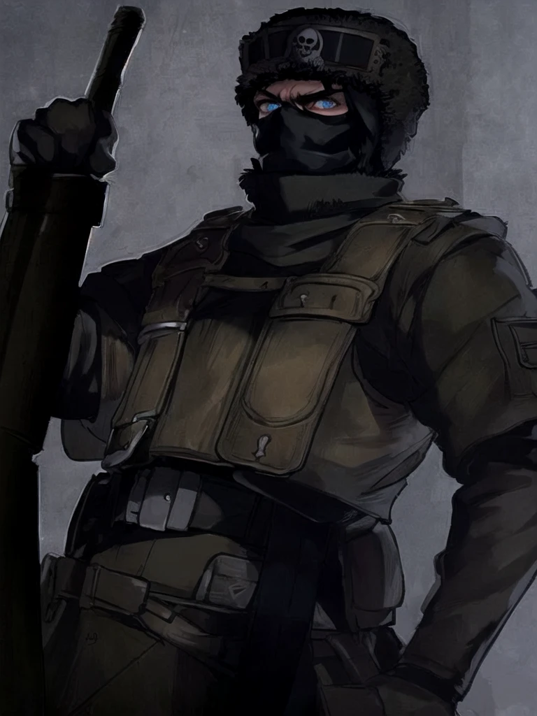 1man, skull belt, black ushanka, WW2 soviet uniform, Pale brown hair, blue eyes, Hairless face, balaclava,serious, threatening, dark gaze, Drawing