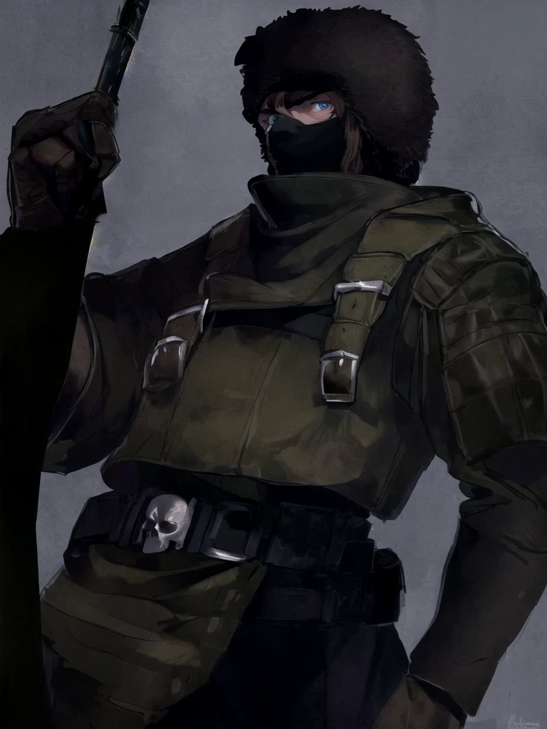 1man, skull belt, black ushanka, WW2 soviet uniform, Pale brown hair, blue eyes, Hairless face, balaclava,serious, threatening, dark gaze, Drawing