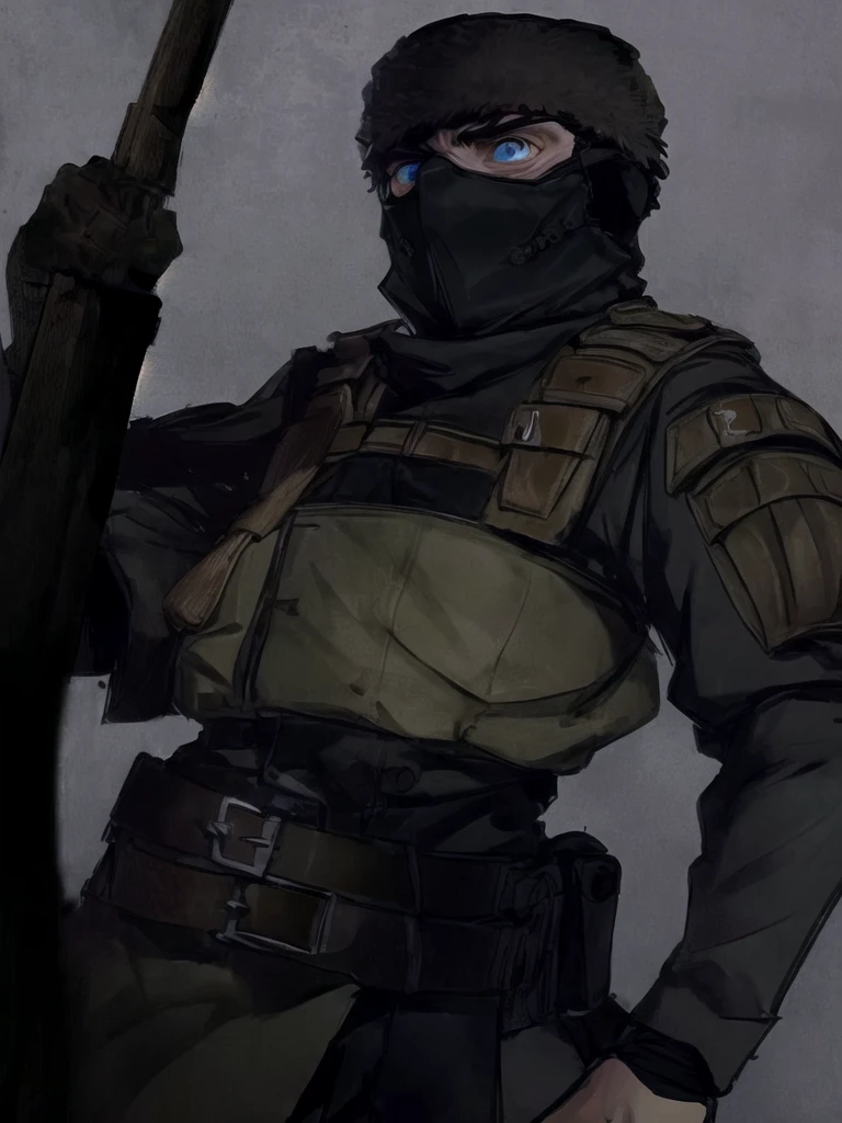 1man, skull belt, black ushanka, WW2 soviet uniform, Pale brown hair, blue eyes, Hairless face, balaclava,serious, threatening, dark gaze, Drawing