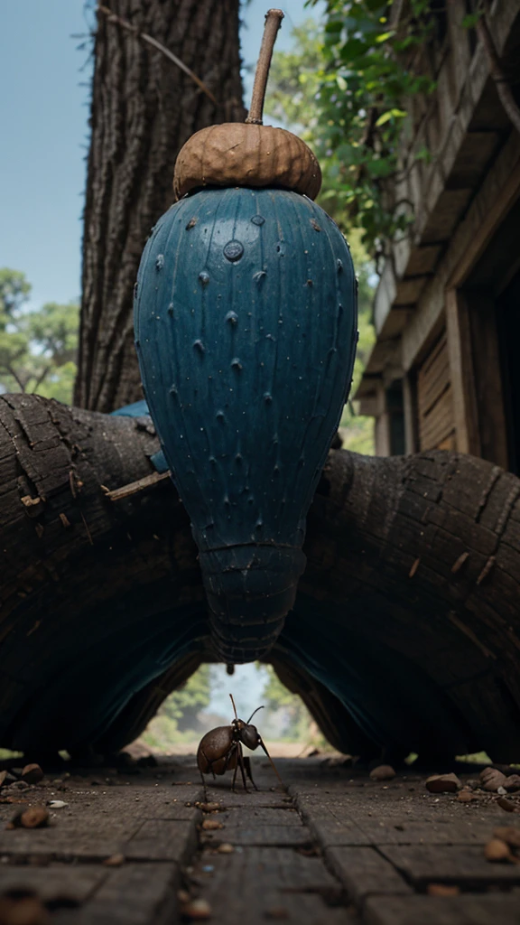 a wise old man saw an ant with a big acorn on his back, ant view, 4k realistic imagery, blue scenery like a movie scene, old american setting, inspired by blade runner movie scene, blue tone,