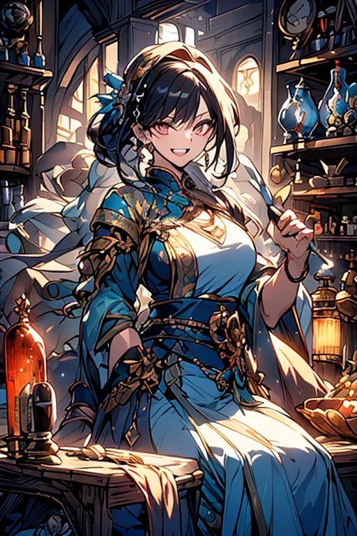 (fantasy:1.5),(anime,8k,masterpiece, top quality, best quality,beautiful and aesthetic:1.2,professional illustrasion:1.1,ultra detail:1.3,perfect lighting),extremely detailed,highest detailed,incredibly absurdres , highres, ultra detailed,intricate:1.6,(Alchemy Workshop:1.4),A girl mixing,Medicine in many small bottles,holding small potion,colorful:1.4,zentangle,(1girl),(girl),(Three kingdoms female warload),(highly detailed beautiful face and eyes,firm breasts),oily skin,((black,hair,short bob with short pony tail hair)),thin pubic hair,cute,lovely,34 years old,alchemist costume,Merchant's Clothing,smile,in the kitchen,smile,seductive weak smiling,(with sparkling eyes and a contagious smile),open mouth, Looking at Viewer, 