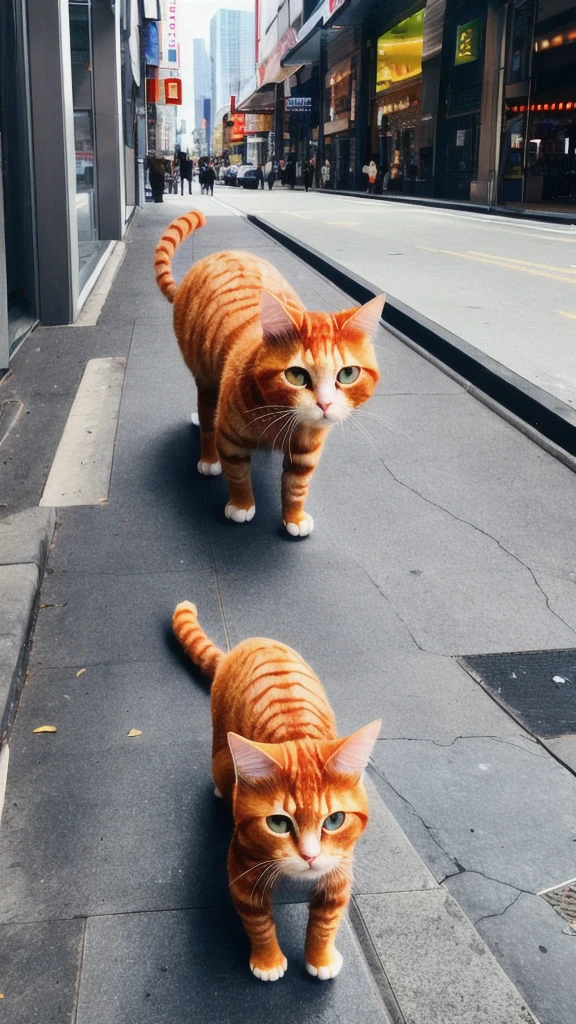 A big ginger cat walking through the city。He looks hungry and tired.。