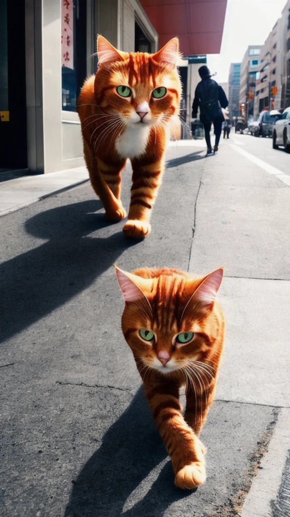 A big ginger cat walking through the city。He looks hungry and tired.。
