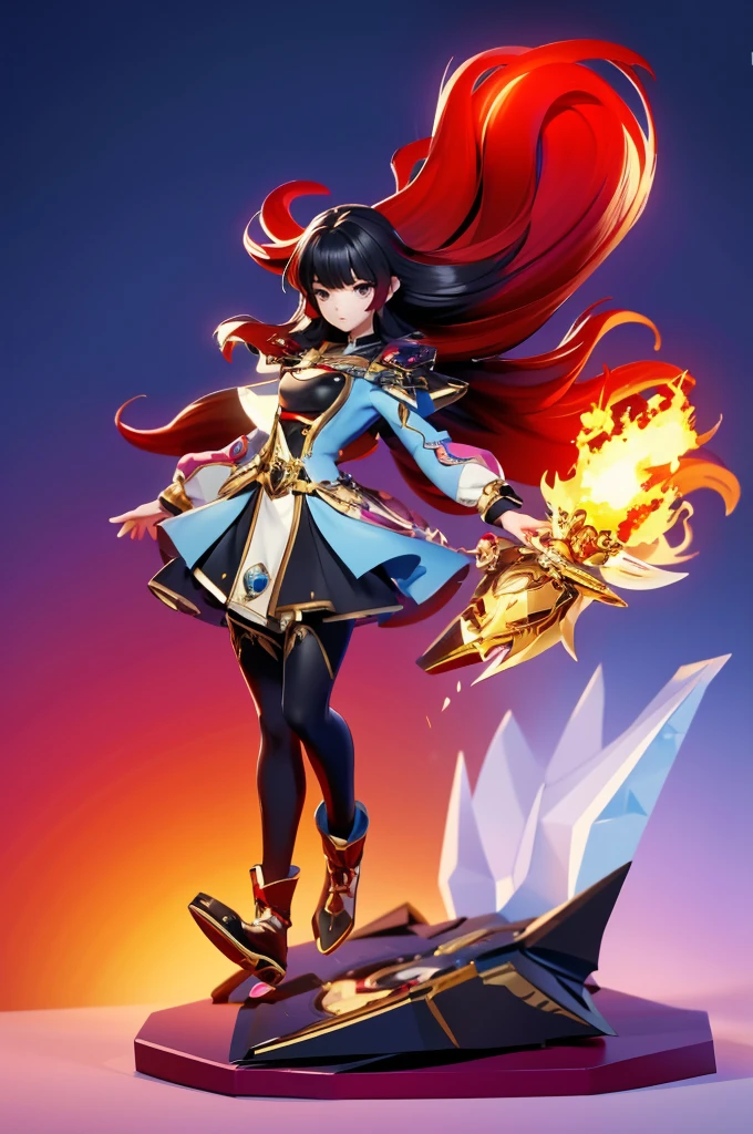 Seizo Watase style, Simple Line Initialism,Abstract art, 3d character, colorful hearts ,(((The most beautiful girl of all time))), (full body 1.2), only girl, long hair, ice and fire background, 18 year old, full body, (((8k))),, (((3d))),, black hair, cowlboy suit, red hair