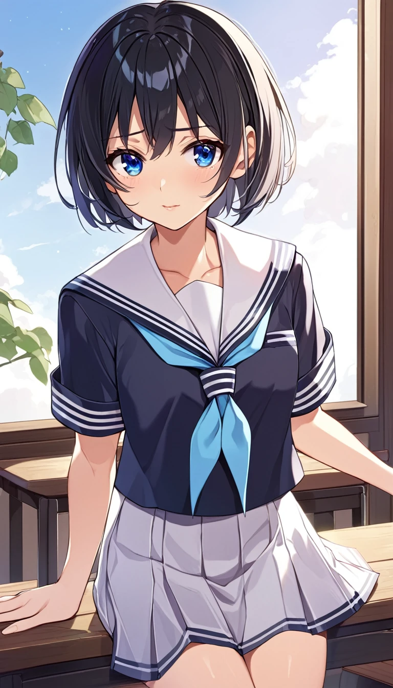one girl, black hair, short hair, blue eyes, high school student, naive, boyish, sailor uniform, neckerchief