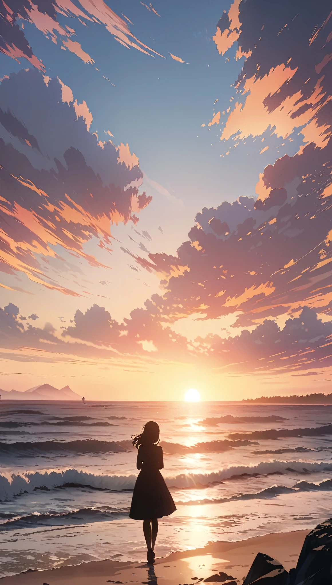 sunrise, Coastal scenery, The sun rises on the horizon, Beautiful animation, Anime Style:1.2, Woman silhouette, Asahi, Breathtaking beauty, High resolution, high resolution, masterpiece:1.2.