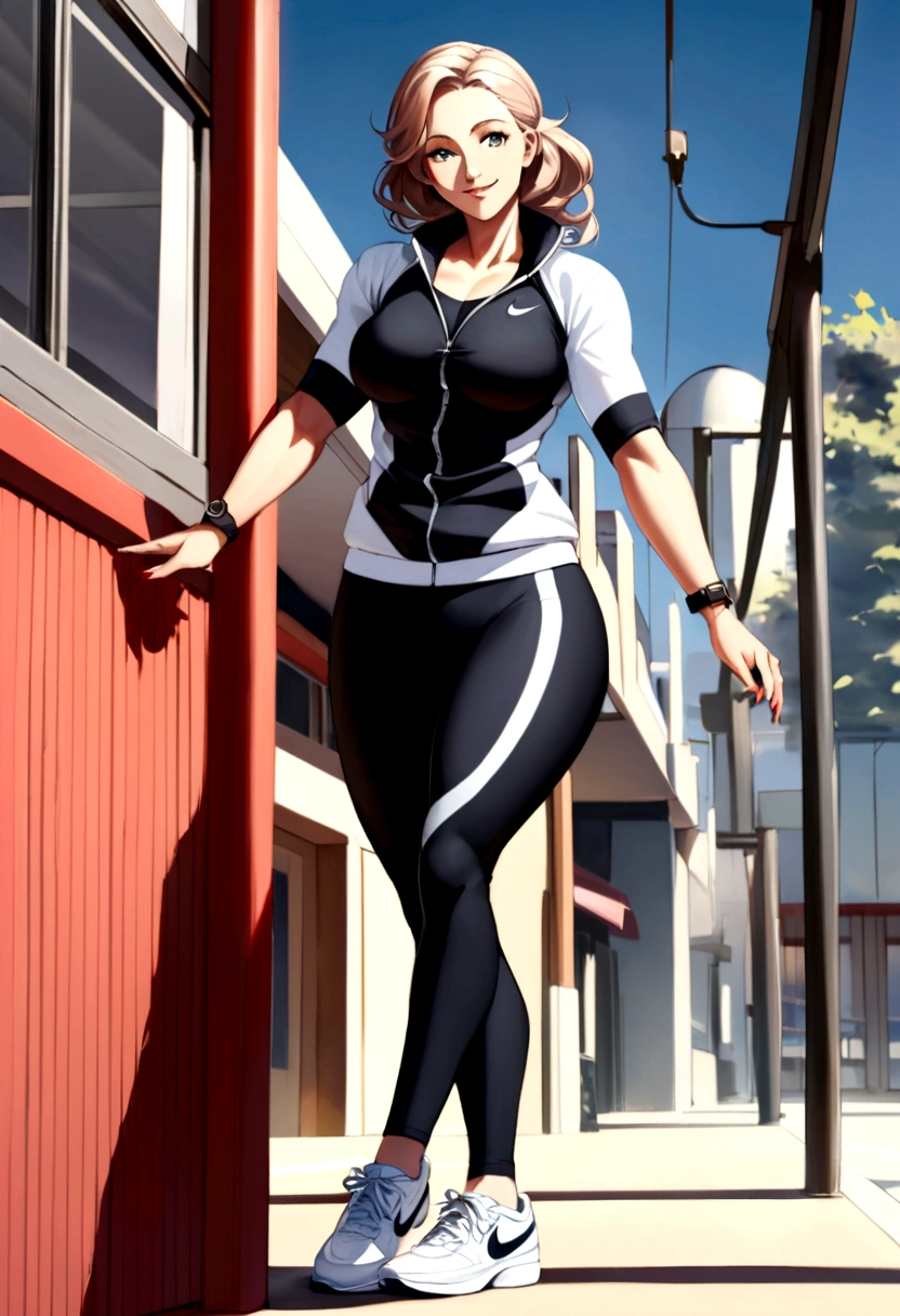 full body of an image of a beautiful long smiling face and big thigh wide hip lady model in her late 30s to early 40s. She should be white, with an athletic body type and a fit appearance, exuding a playful and energetic vibe. Her hair is medium-length, brown, and styled in a sporty yet chic manner. Her clothing should reflect a fitness-oriented lifestyle, including an outfit that is sports wear The model should have a friendly and approachable expression, ideally with a smile. The image should show a full view of her body. She is wearing white Nike shoes. The background should be simple and complement the fitness theme, perhaps an outdoor setting track