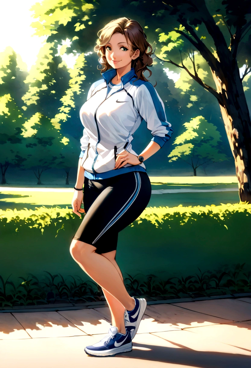 full body of an image of a beautiful long smiling face and big thigh wide hip lady model in her late 30s to early 40s. She should be white, with an athletic body type and a fit appearance, exuding a playful and energetic vibe. Her hair is medium-length, brown, and styled in a sporty yet chic manner. Her clothing should reflect a fitness-oriented lifestyle, including an outfit that is sports wear The model should have a friendly and approachable expression, ideally with a smile. The image should show a full view of her body. She is wearing white Nike shoes. The background should be simple and complement the fitness theme, perhaps an outdoor setting track