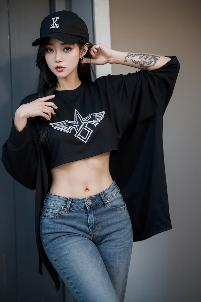 Korean 40s, beauty, muscular body, cross tattoo, hip hop black hat, black t-shirt, jeans