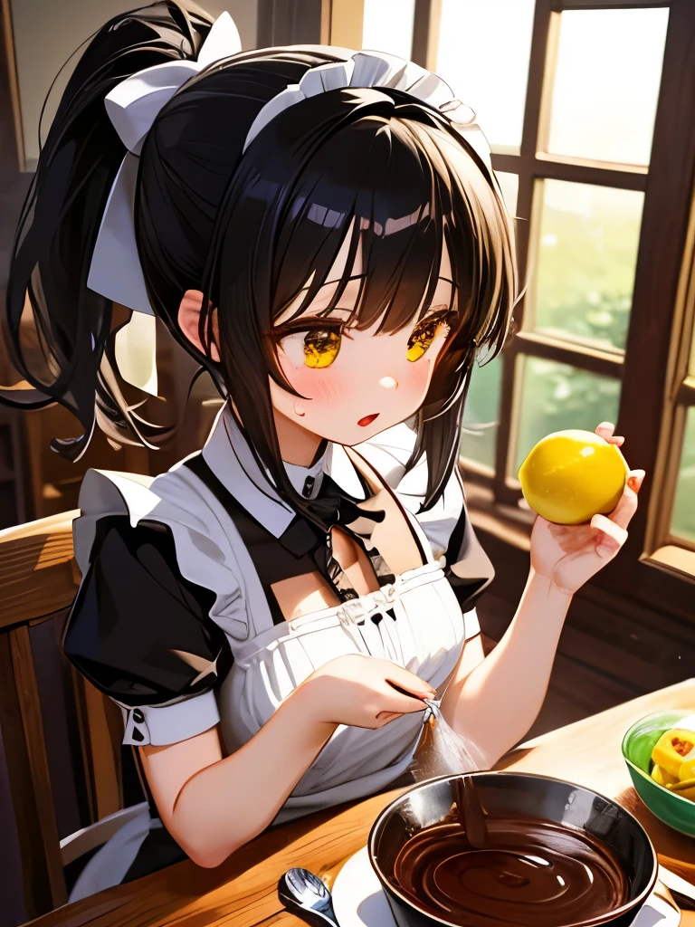 masterpiece, best quality, extremely detailed, anime, Girl, black hair, ponytail, maid outfit, table, cocoa, (she squeezing lemon), juice poured into cocoa,