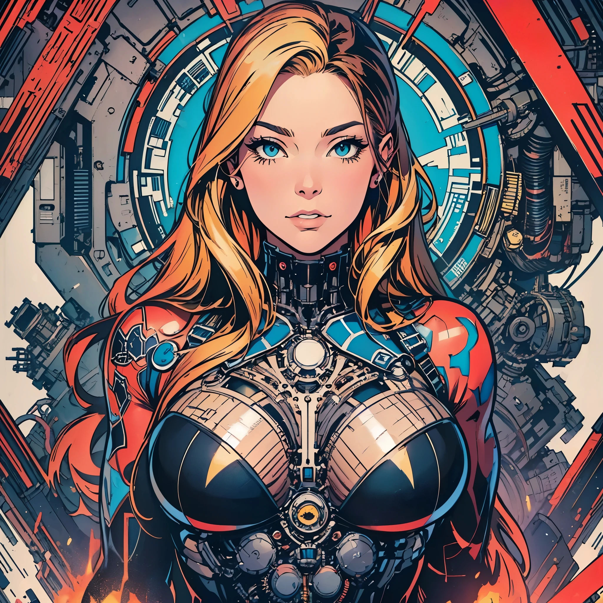 (((ultimate best quality))),(((solo:1.2))),(((1girl:1.2))),((((beautiful perfect woman)))),(((detailed perfect body, detailed perfect finger))),((((((ultimate movie poster)))))),(((bust up, close up))),((((detailed complicated machine)))),(((((genius mechanical))))),(((American comics))),(((extreme highlights))),(((Extremely colorful, primary colors))),cleavage, super beautiful lady,(((typography))),text