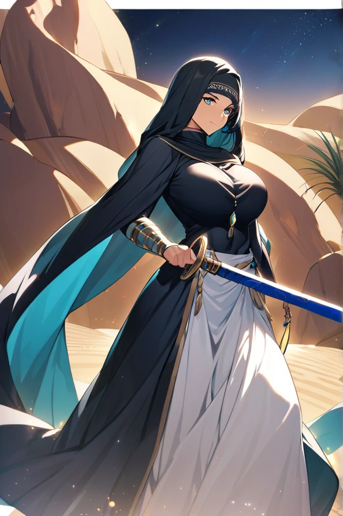 Arab woman, large breasts, muscular, dressed in burqa, holding an Arab saber,Deserts background with night oasis