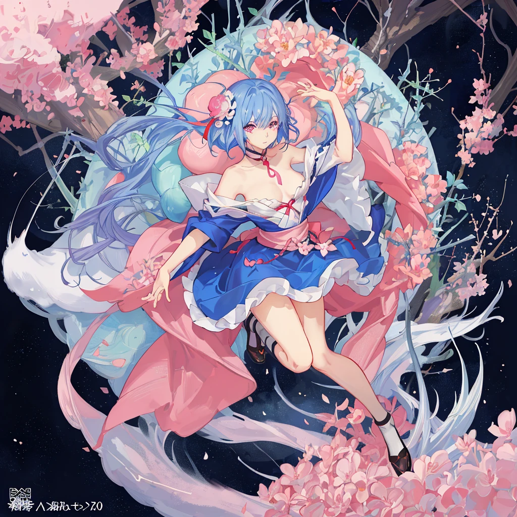 anime manga girl，blue haired one，pink eyes, pinkskirt，There are flowers on the hair, very Beautiful anime girl, Beautiful anime girl, Beautiful fantasy anime, Guweiz, 狐狸耳朵的anime manga girl, 美丽的anime manga girl, Very beautiful and cute fox girl, pink flower rain, The background is blurred out, Anime style 4k, Anime fantasy artwork, 4k anime wallpapers, Gouves style artwork