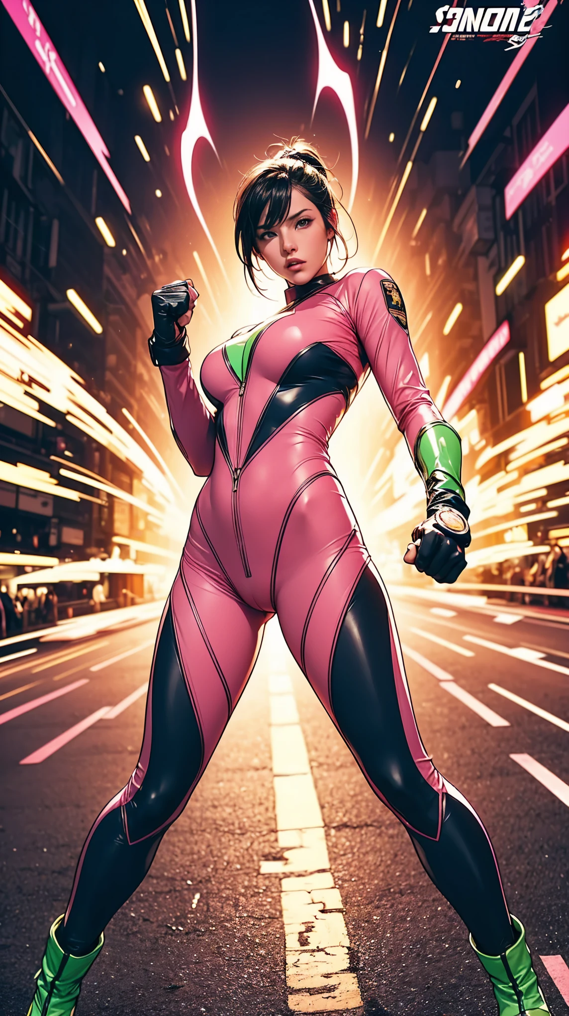 Solo, A brave and courageous image of a 6 member ranger team, Each one is decorated in vibrant colors such as:: ((Pink)), red is front of center, violet, Green, yellow, blue black, white,. Dynamic poses in a background that exudes energy and courage, neon, fire, plasma, Fluorescent, shocking, pink big bomber, splashing pink, running, fighting pose, action pose, Embodying the essence of the classic Sentai superhero team. Each Ranger:: The attire is sophisticated and modern, Each color has elements that reflect its theme., Ready for action. ((Camel Toe)), weapons, in sunset background , in cinematic lighting, cover art mixed cinema poster style,