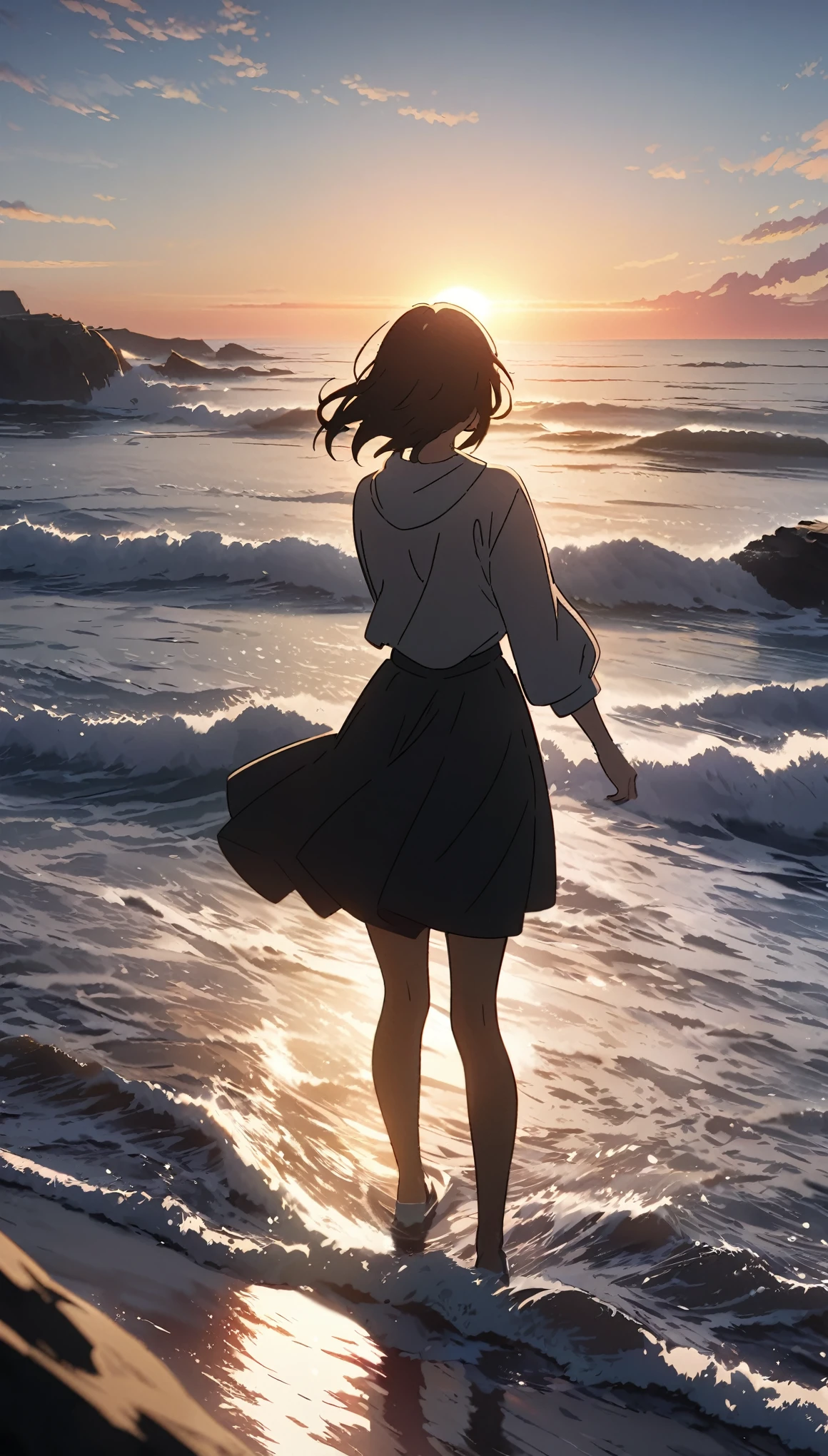 sunrise, Coastal scenery, The sun rises on the horizon, Beautiful animation, Anime Style:1.2, Woman silhouette, Asahi, Breathtaking beauty, High resolution, high resolution, masterpiece:1.2.