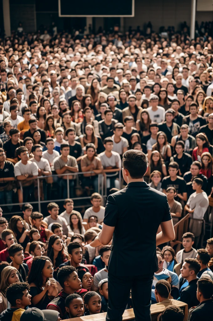 A young man preaching with the bible or a crowd of young people.