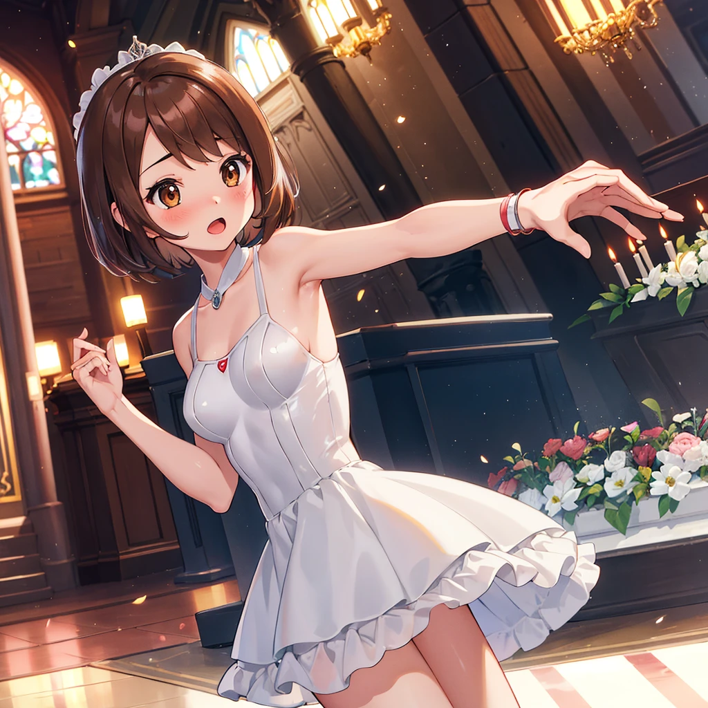 masterpiece, Highest quality, High resolution, Gloria1, 1 Girl, Gloria\(Pokémon\), Brown Hair, , Brown Eyes, , Short Hair, , Bobcut, bangs, , 1Describe a girl carefully 1Girl Expression in love blush Open Mouth blush church Wedding dress(mini skirt) breast enhancement