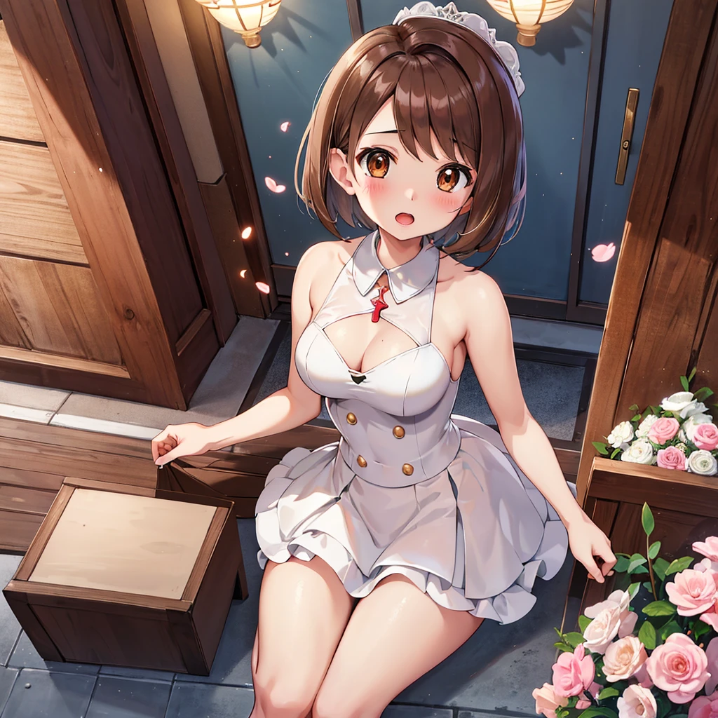 masterpiece, Highest quality, High resolution, Gloria1, 1 Girl, Gloria\(Pokémon\), Brown Hair, , Brown Eyes, , Short Hair, , Bobcut, bangs, , 1Describe a girl carefully 1Girl Expression in love blush Open Mouth blush church Wedding dress(mini skirt) breast enhancement